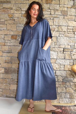 Rustic Nature Linen Blend Smock T Shirt Dress Washed Navy